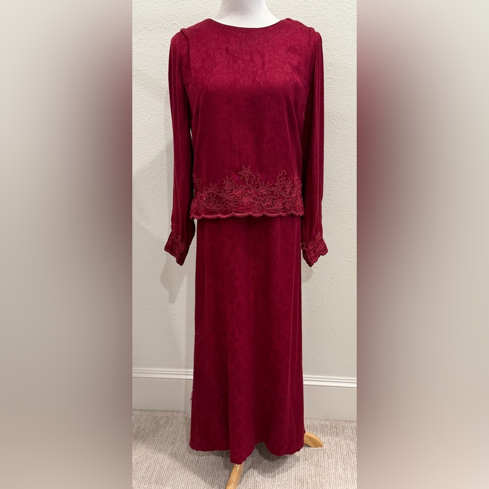 Vintage Sarah Elizabeth Women’s‎ Layered Maxi Dress 16 Burgundy Embroidered Long